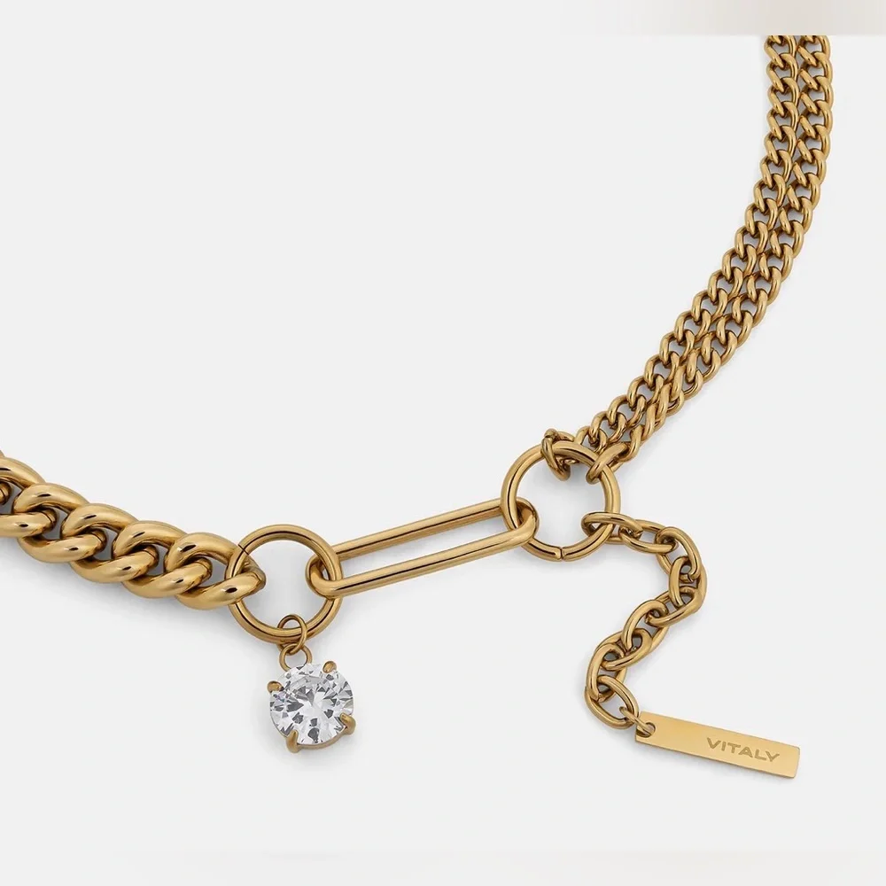 Gold Layered Chain Necklace with Clear Crystal Drop - Picture 2 of 5